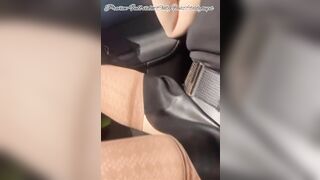 Under my leather mini skirt in car Lady Oups