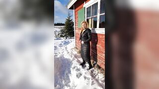 Hot MILF from Finland outside a cabin peeing standing like a man on the snow