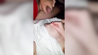 A hard cock cums on my lactating tits