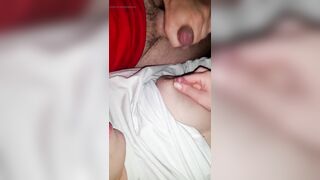 A hard cock cums on my lactating tits