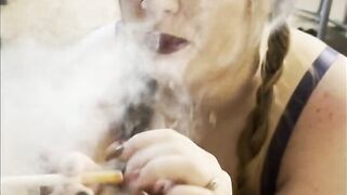 Sexy Smoker in Pigtails Sucks Pierced Cock
