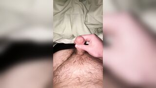 Little cock cums under the covers while wife is in the room