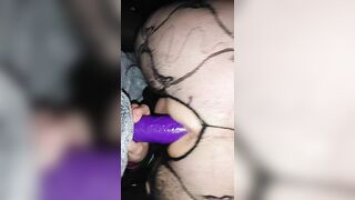MILF with wet pussy rides fat dildo outside