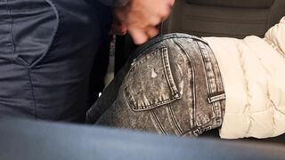 Stranger caught me jerking off in the car in public garage and helped me out, cum on her big ass!