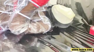 Fejira com Zentai bodysuit latex hood vibrator orgasm