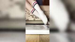 look at my feet in long white socks sniff and jerk off