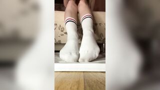 look at my feet in long white socks sniff and jerk off