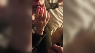 Milf slut smoking while getting face fuck and cock face slap