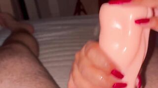 Deep red nails handjob with fake pussy